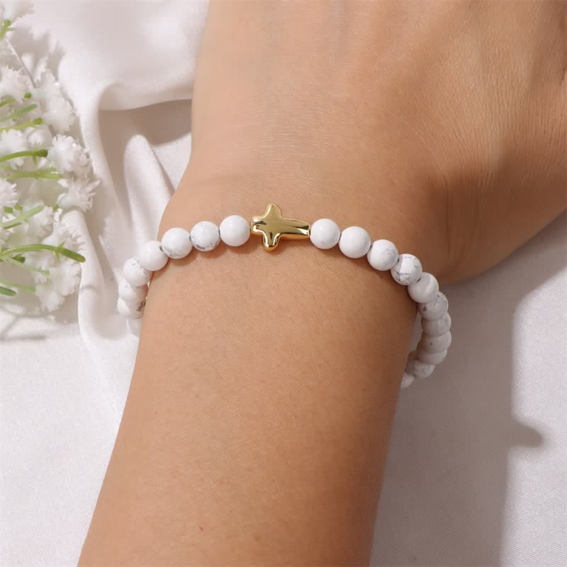 Olivenorma 6mm Natural Stone Beaded Cross Pendant Bracelet