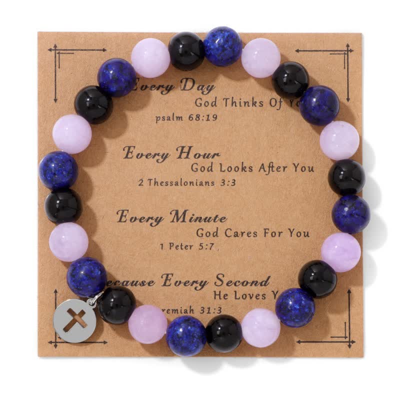 Olivenorma 8mm Natural Stone Beaded Cross Pendant Bracelet - Lepidolite & Obsidian & Lapis Lazuli - image 11