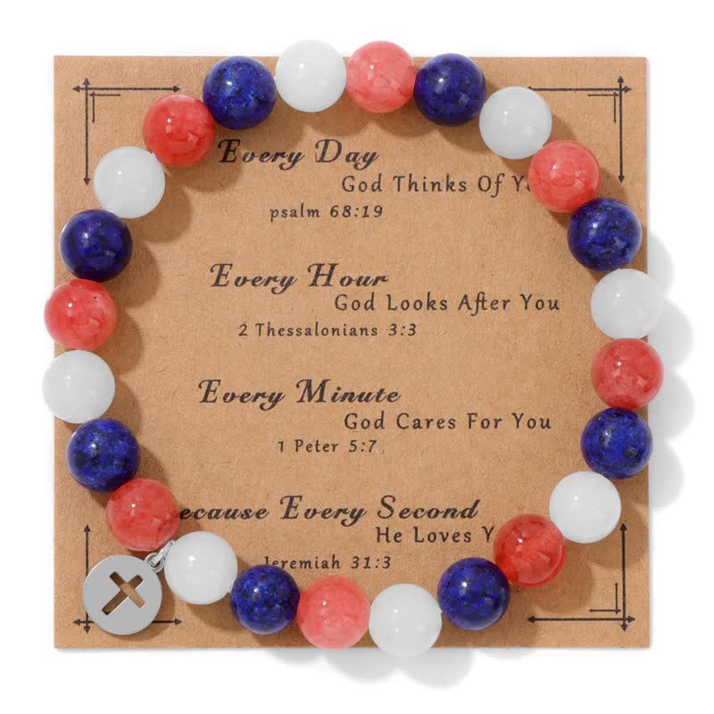 Olivenorma 8mm Natural Stone Beaded Cross Pendant Bracelet - Red Smelting Quartz & Clear Crystal & Lapis Lazuli - image 17