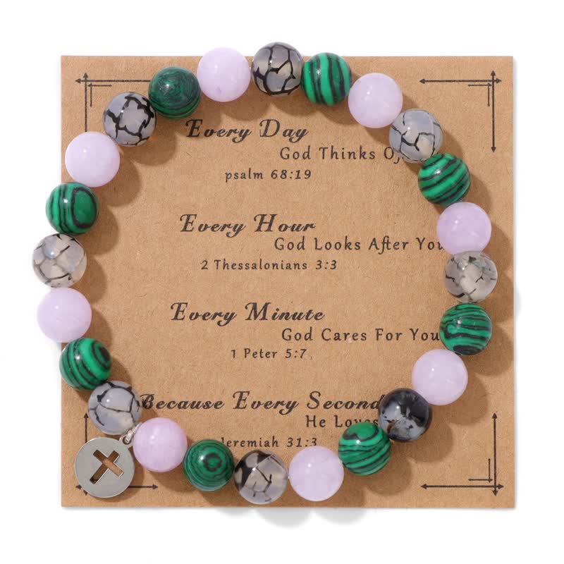 Olivenorma 8mm Natural Stone Beaded Cross Pendant Bracelet - Lepidolite & Malachite - image 7