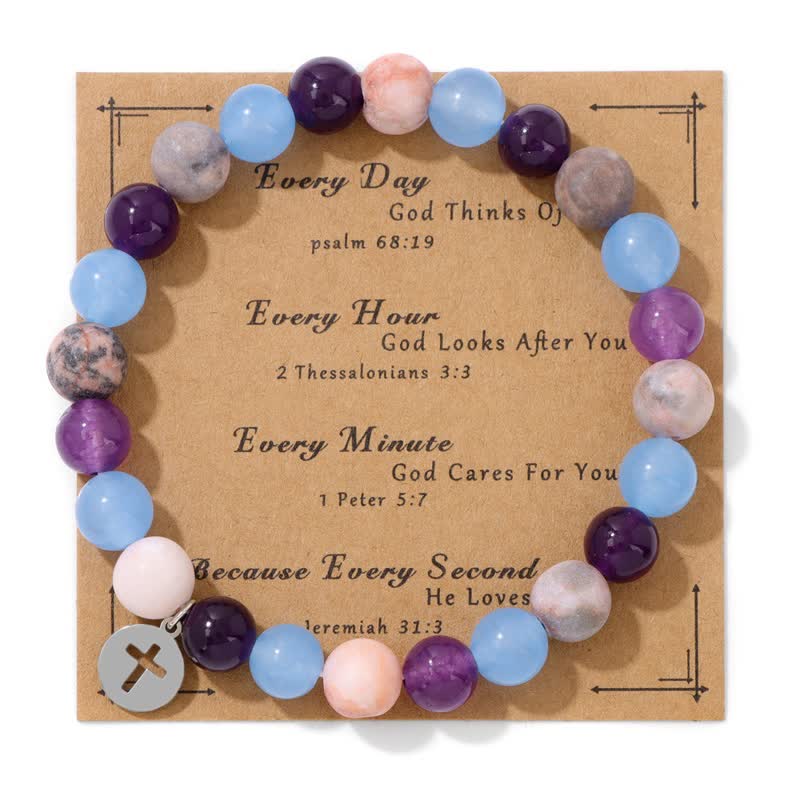 Olivenorma 8mm Natural Stone Beaded Cross Pendant Bracelet - Amethyst & Aquamarine & Plum Tourmaline - image 1