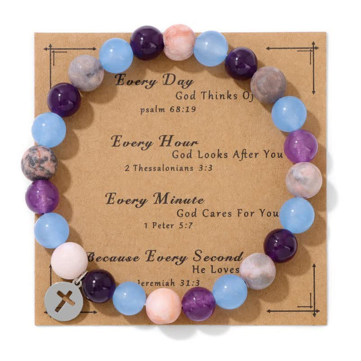 Olivenorma 8mm Natural Stone Beaded Cross Pendant Bracelet - Amethyst & Aquamarine & Plum Tourmaline - image 1