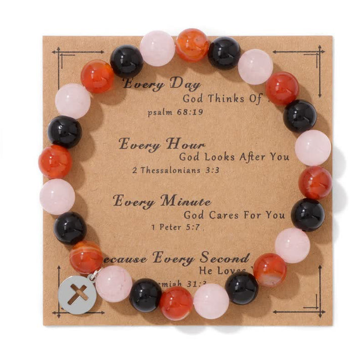 Olivenorma 8mm Natural Stone Beaded Cross Pendant Bracelet - Red Agate & Rose Quartz & Obsidian - image 14
