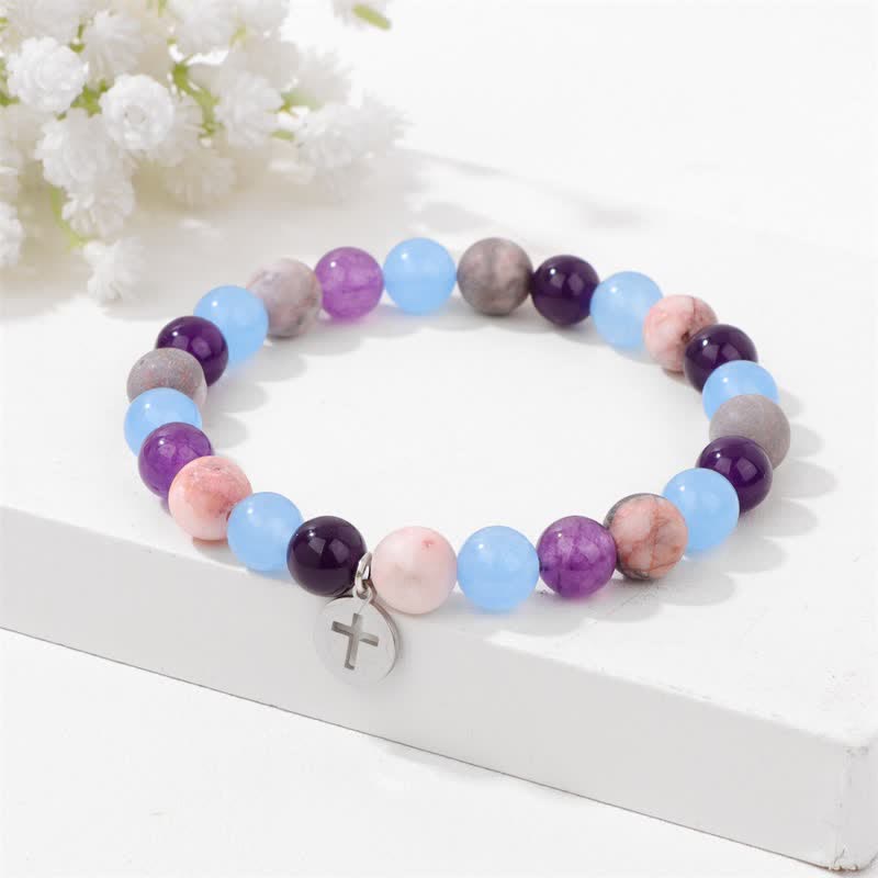Olivenorma 8mm Natural Stone Beaded Cross Pendant Bracelet - image 3