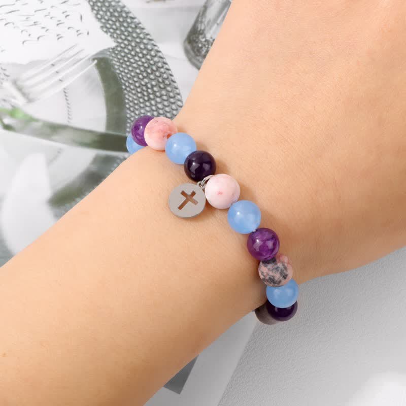 Olivenorma 8mm Natural Stone Beaded Cross Pendant Bracelet - image 2