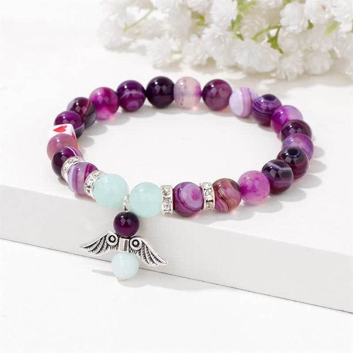 Olivenorma 8mm Natural Stone Beaded Angel Wing Pendant Bracelet