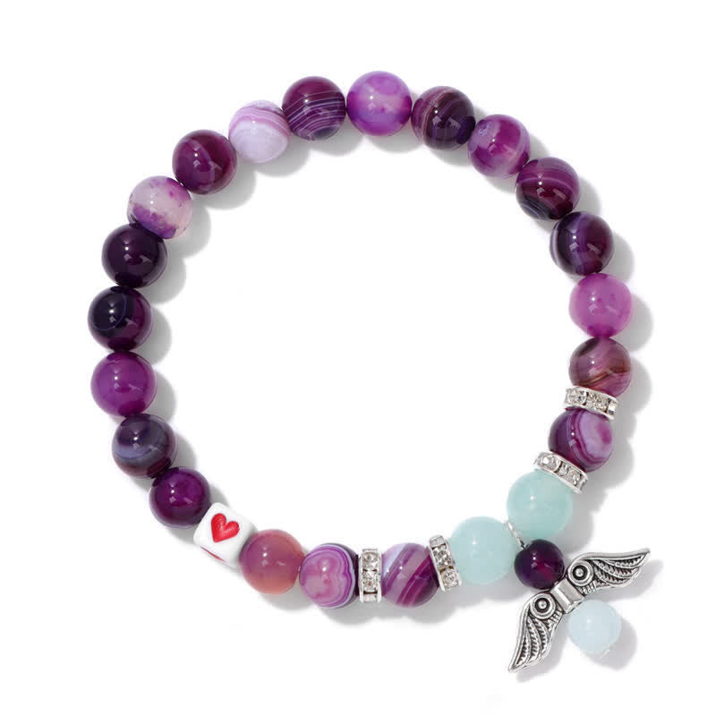 Olivenorma 8mm Natural Stone Beaded Angel Wing Pendant Bracelet