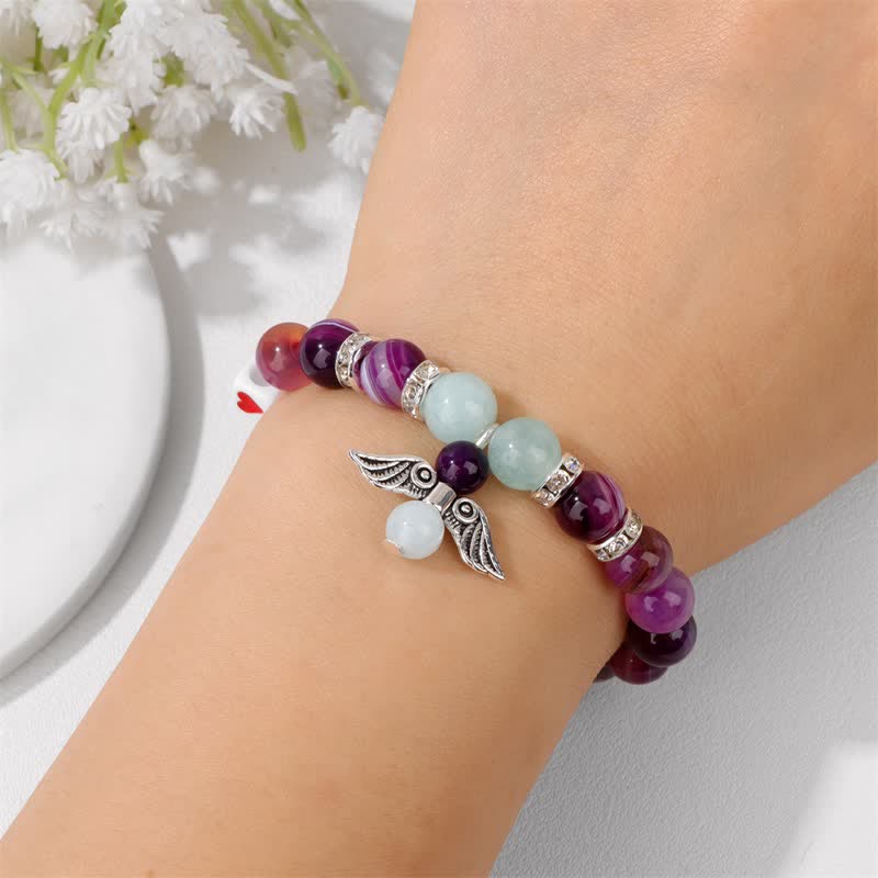 Olivenorma 8mm Natural Stone Beaded Angel Wing Pendant Bracelet