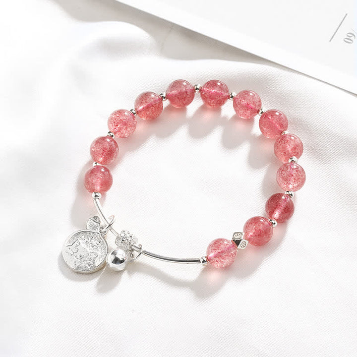 Olivenorma Strawberry Quartz Beaded Cat Bell Pendant Bracelet