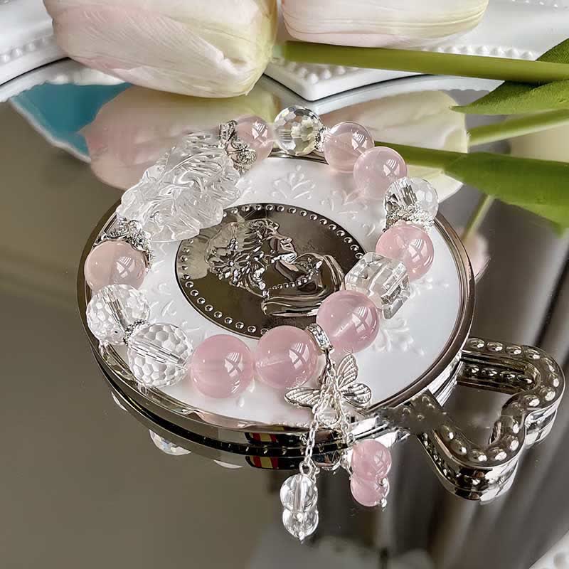 Olivenorma Clear Crystal Rose Quartz Butterfly Pendant Bracelet