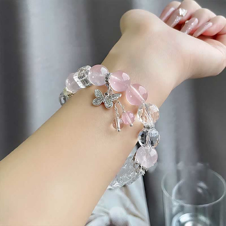 Olivenorma Clear Crystal Rose Quartz Butterfly Pendant Bracelet