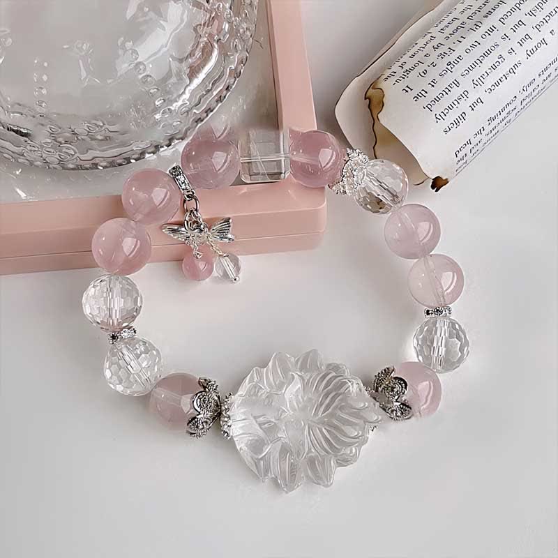 Olivenorma Clear Crystal Rose Quartz Butterfly Pendant Bracelet