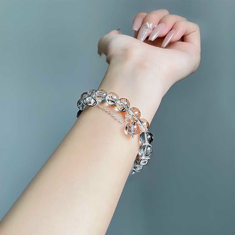 Olivenorma Black Quartz Rutilated Beaded Planet Pendant Bracelet