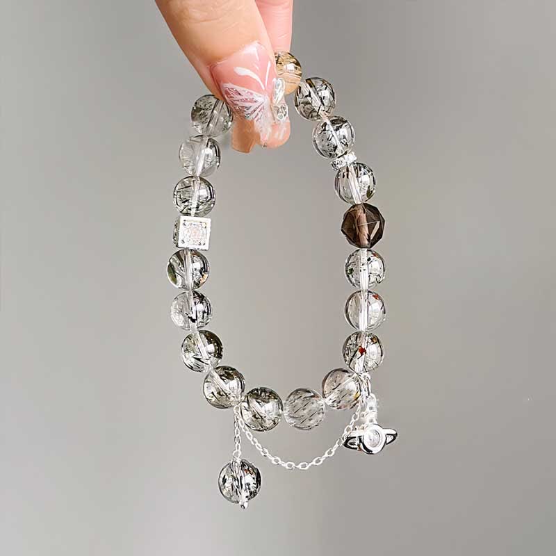 Olivenorma Black Quartz Rutilated Beaded Planet Pendant Bracelet