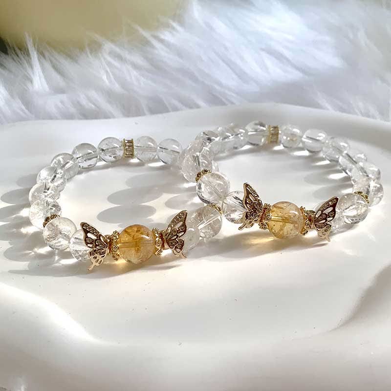 Olivenorma Clear Crystal Gold Rutilated Quartz Butterfly Beaded Bracelet