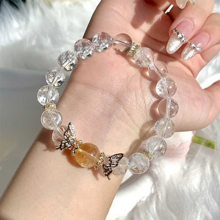 Olivenorma Clear Crystal Gold Rutilated Quartz Butterfly Beaded Bracelet