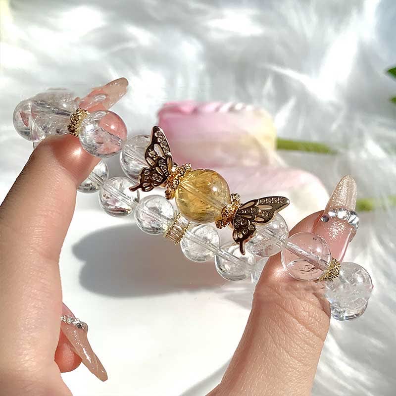 Olivenorma Clear Crystal Gold Rutilated Quartz Butterfly Beaded Bracelet