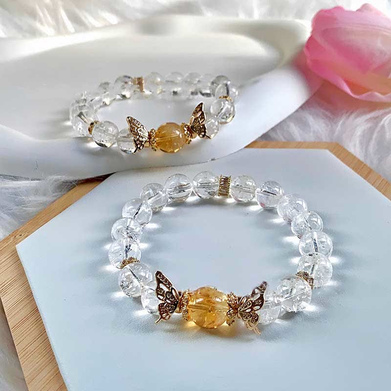 Olivenorma Clear Crystal Gold Rutilated Quartz Butterfly Beaded Bracelet