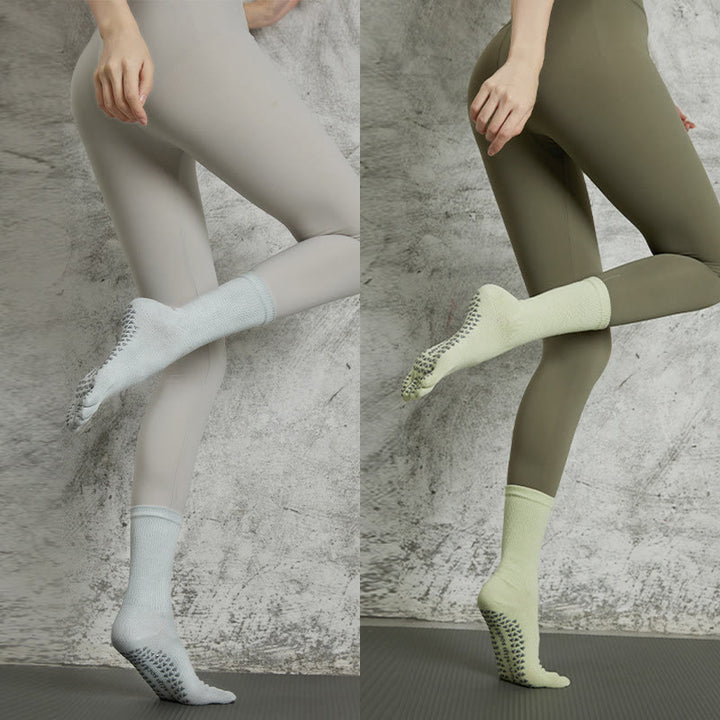 Olivenorma Yoga Pilates Non Slip Five-Toe Solid Color Socks - 2-Pair (LightGray+LightGreen) - image 24