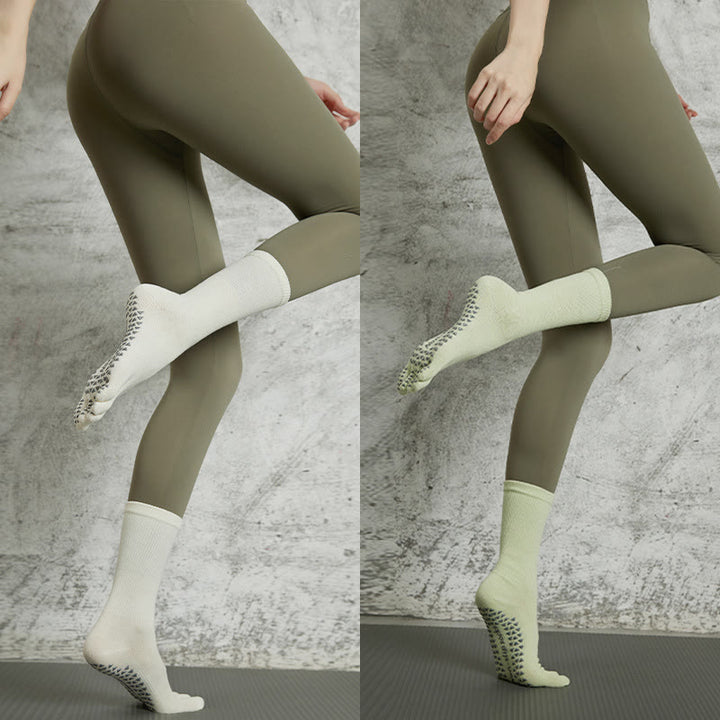 Olivenorma Yoga Pilates Non Slip Five-Toe Solid Color Socks - 2-Pair (White+LightGreen) - image 22