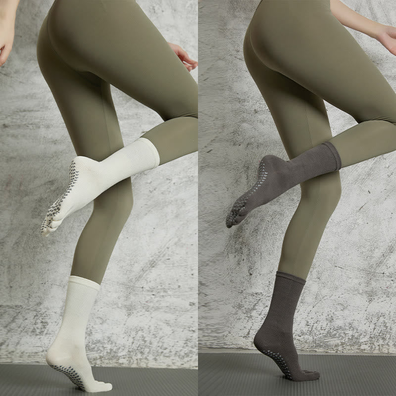 Olivenorma Yoga Pilates Non Slip Five-Toe Solid Color Socks - 2-Pair (White+DarkGray) - image 21