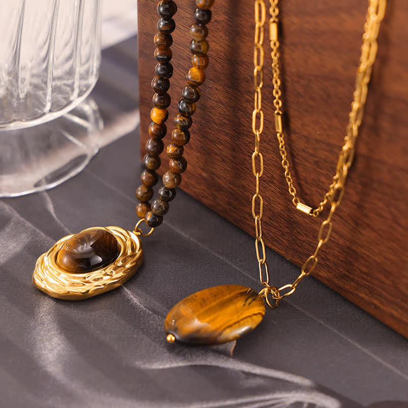 Olivenorma Vintage Natural Stone Tiger Eye Pendant Necklace