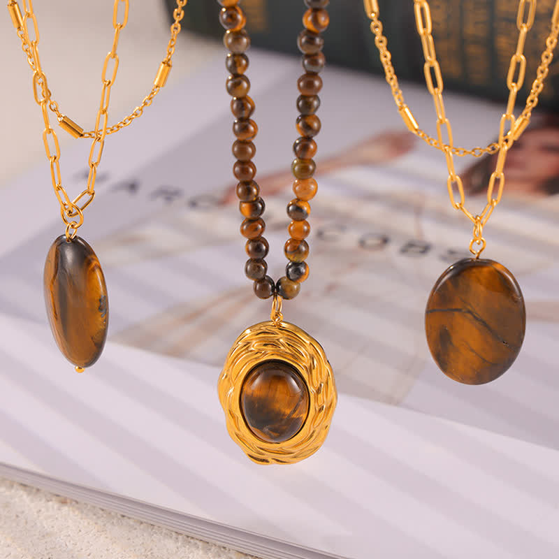 Olivenorma Vintage Natural Stone Tiger Eye Pendant Necklace