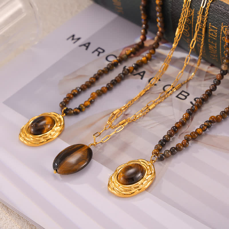 Olivenorma Vintage Natural Stone Tiger Eye Pendant Necklace