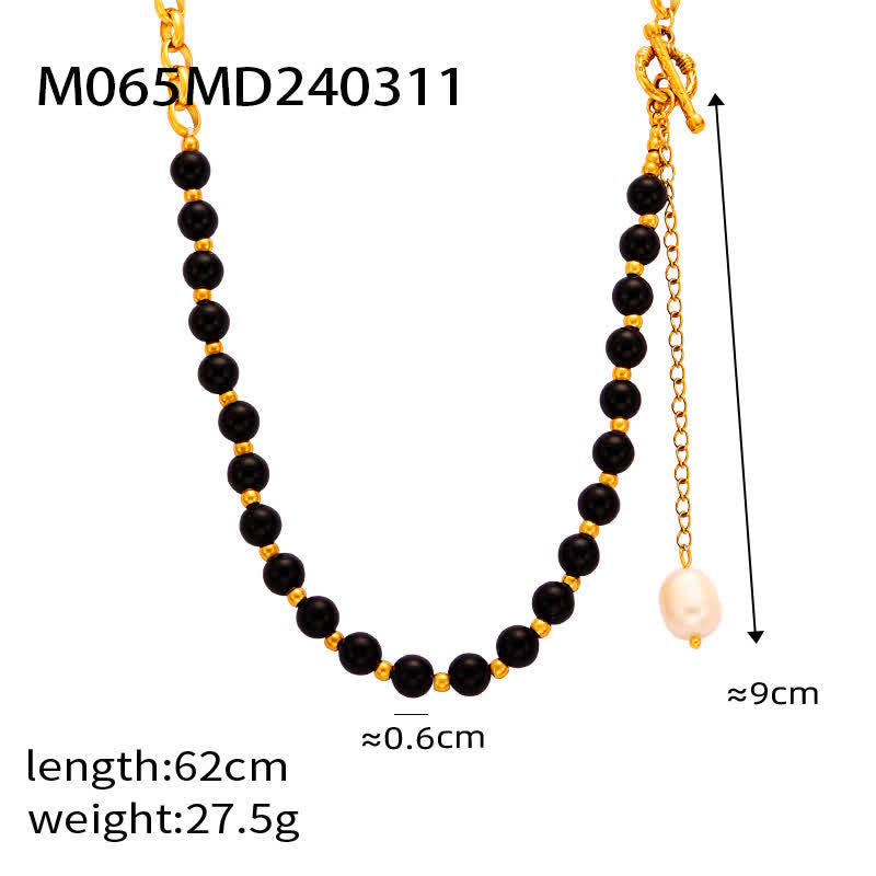 Olivenorma Tiger Eye Obsidian Freshwater Pearl Titanium Steel Necklace