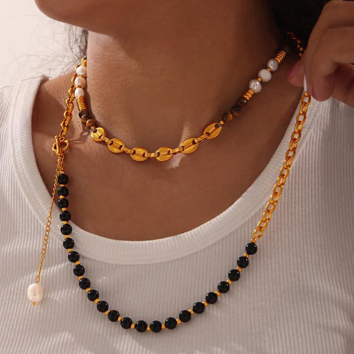 Olivenorma Tiger Eye Obsidian Freshwater Pearl Titanium Steel Necklace