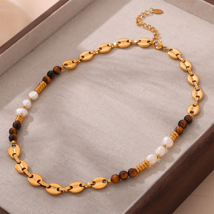 Olivenorma Tiger Eye Obsidian Freshwater Pearl Titanium Steel Necklace