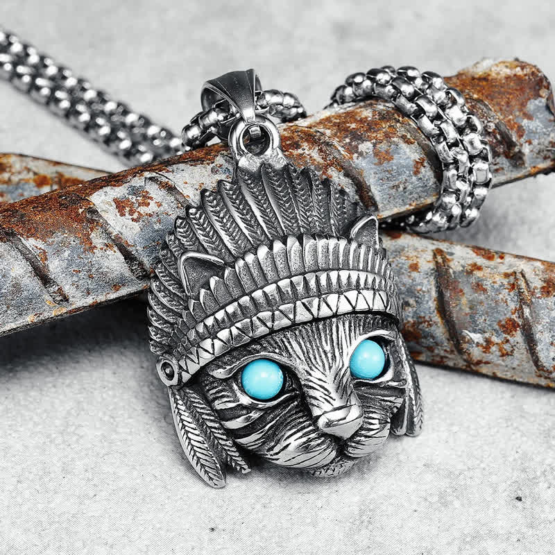 Olivenorma Chief Cat Stainless Steel Blue Turquoise Eye Rock Punk Necklace