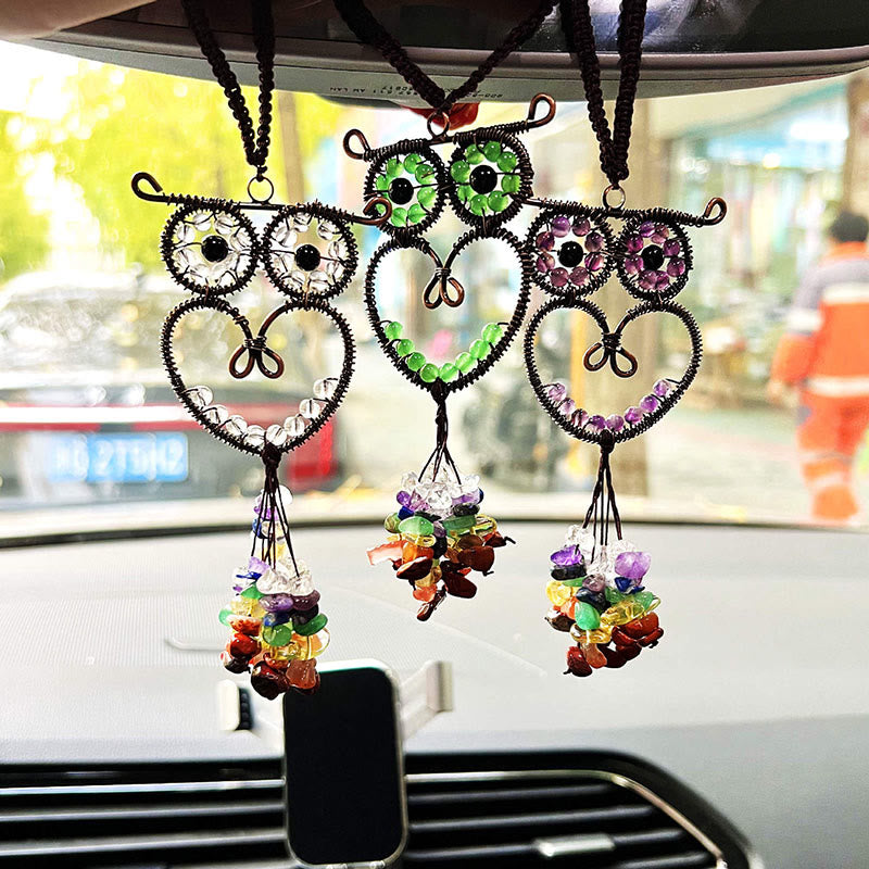 Olivenorma Cute Owl Natural Gemstone Hanging Car Ornament