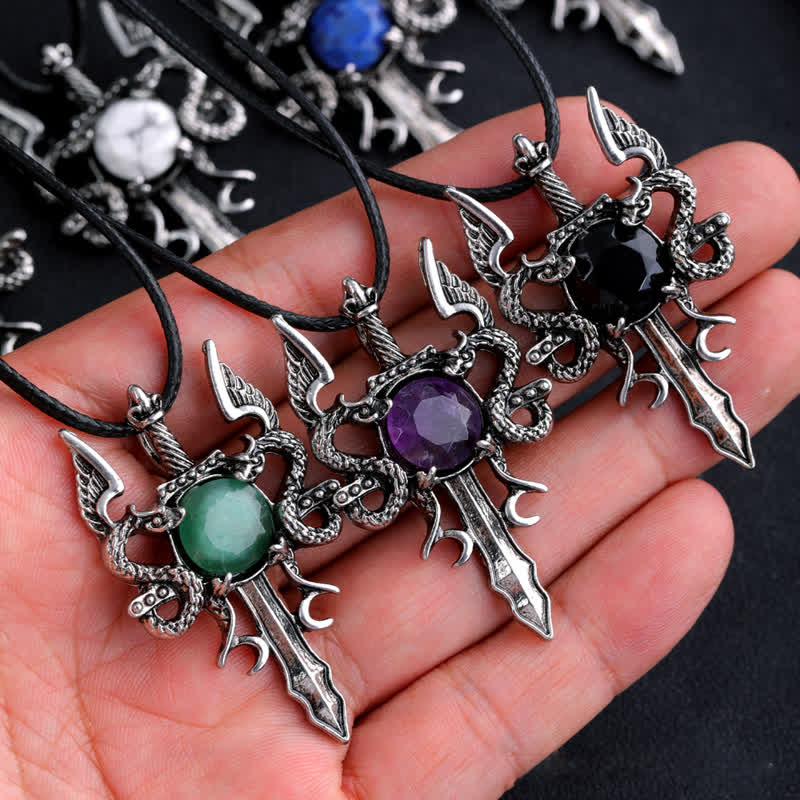 Olivenorma Natural Stone Flying Dragon Sword Pendant Necklace