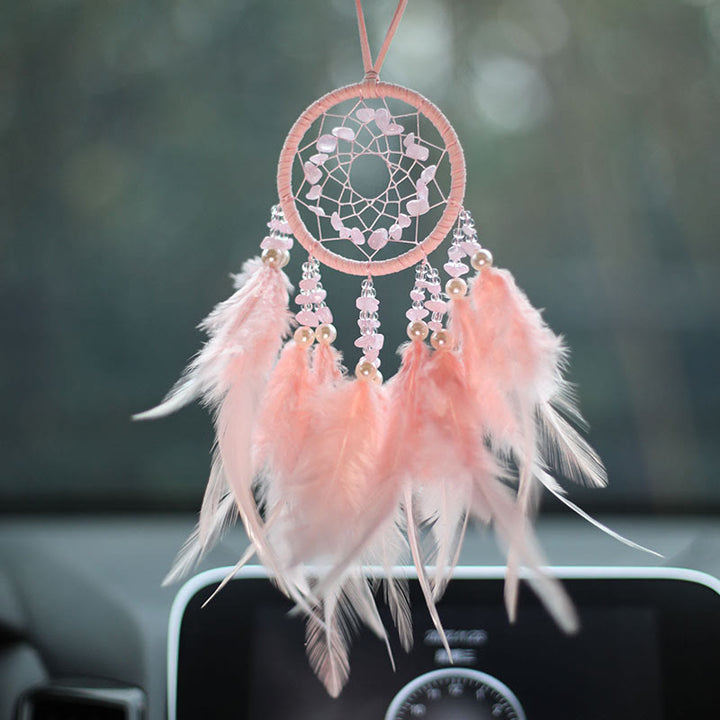 Olivenorma Natural Rose Quartz Amethyst Feather Dream Catcher Ornament