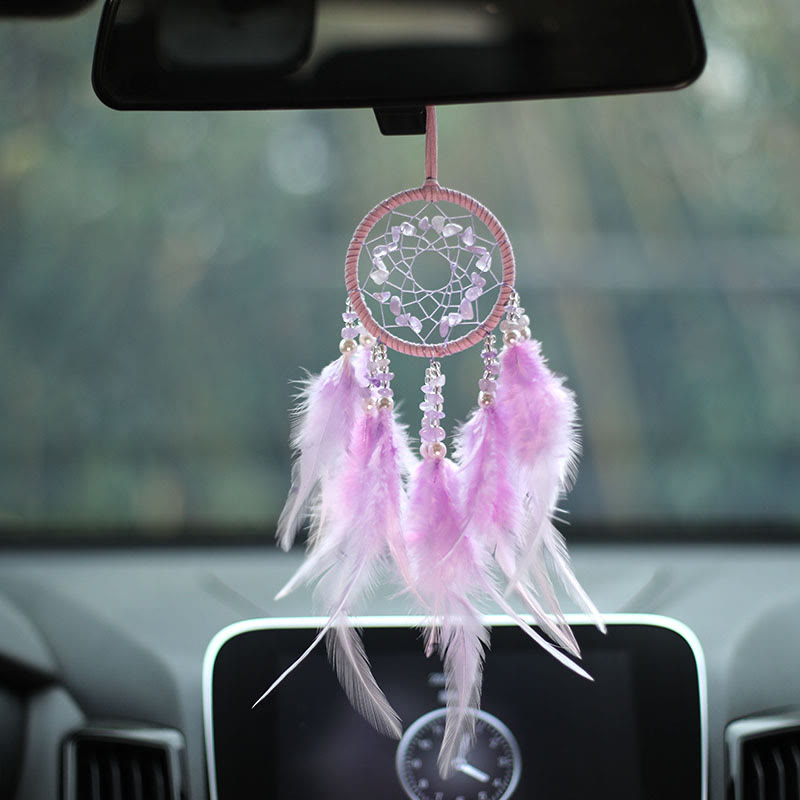 Olivenorma Natural Rose Quartz Amethyst Feather Dream Catcher Ornament