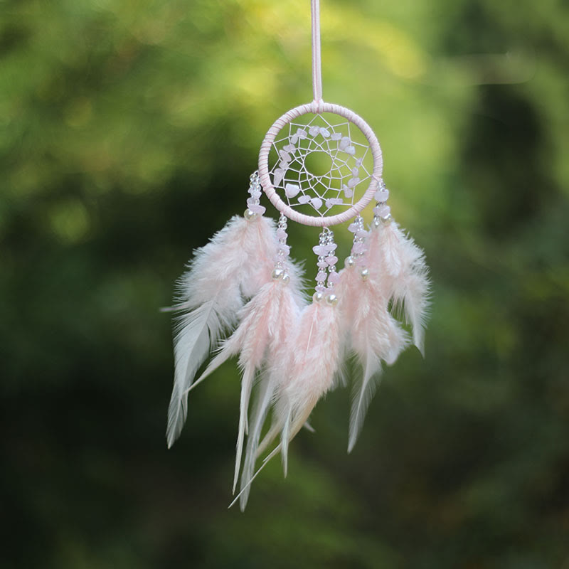 Olivenorma Natural Rose Quartz Amethyst Feather Dream Catcher Ornament