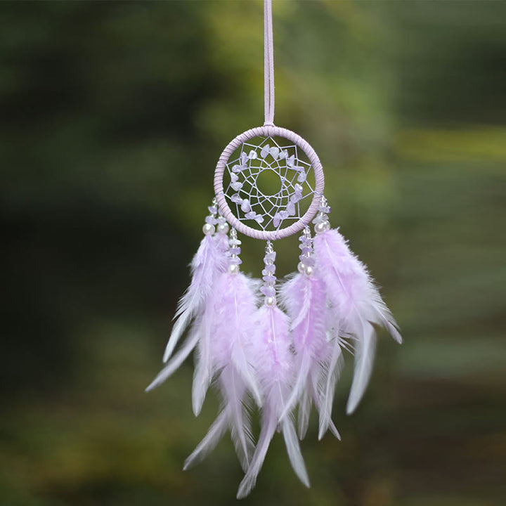 Olivenorma Natural Rose Quartz Amethyst Feather Dream Catcher Ornament