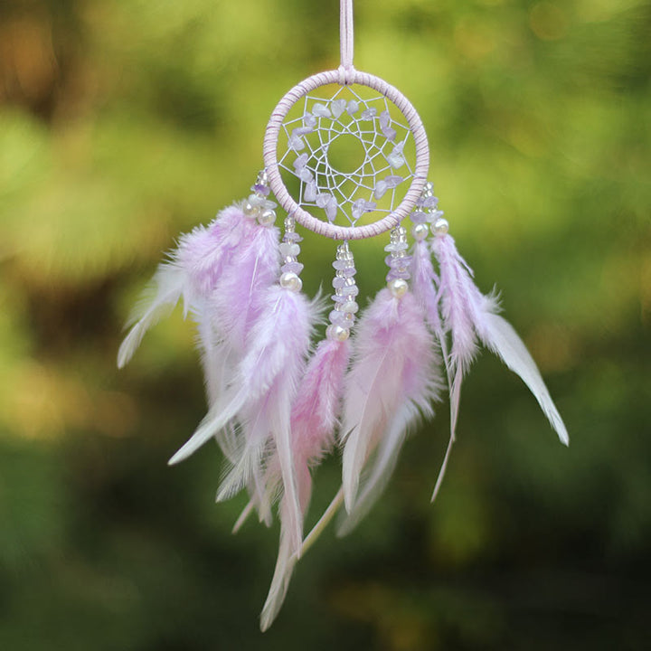 Olivenorma Natural Rose Quartz Amethyst Feather Dream Catcher Ornament