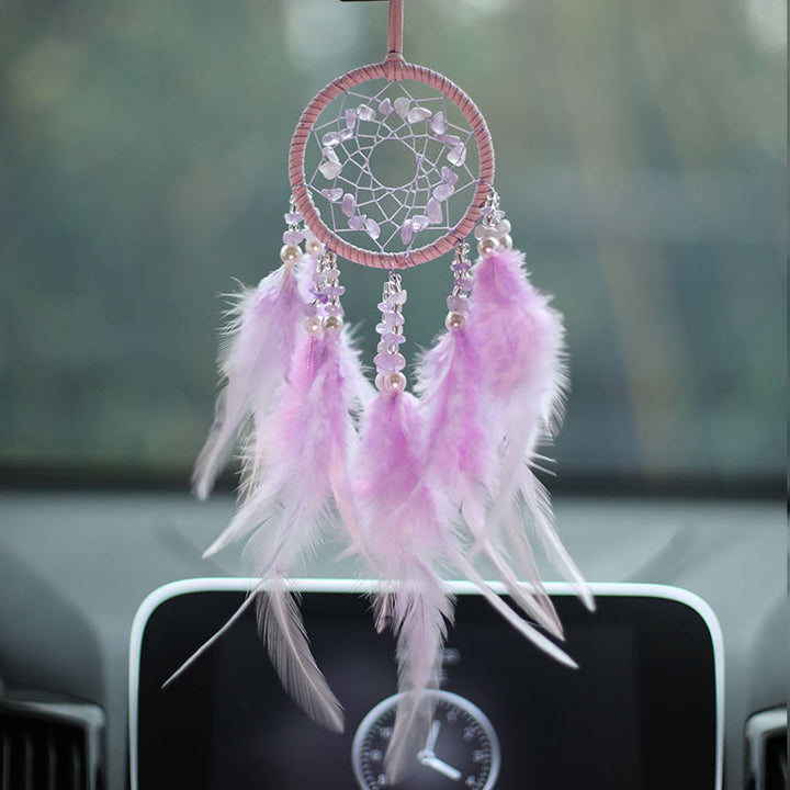 Olivenorma Natural Rose Quartz Amethyst Feather Dream Catcher Ornament