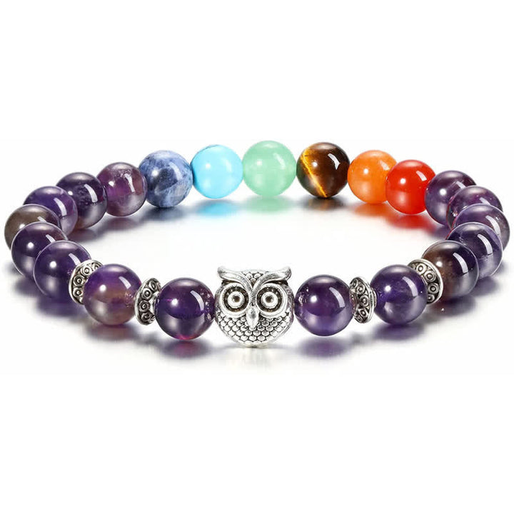 Olivenorma Natural Stone Chakra Owl Pendant Beaded Bracelet