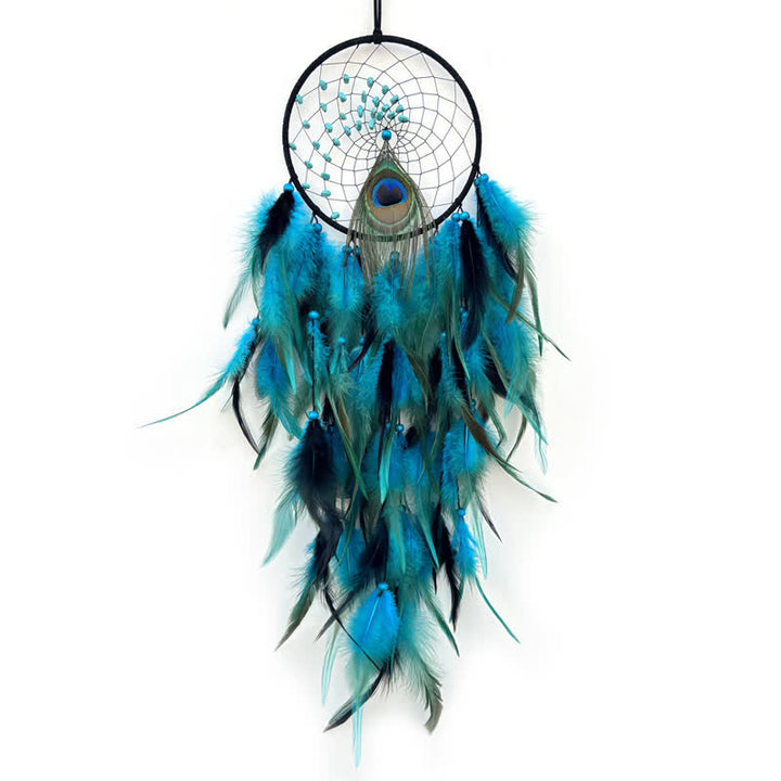 Olivenorma Natural Stone Beaded Braided Peacock Feather Dream Catcher