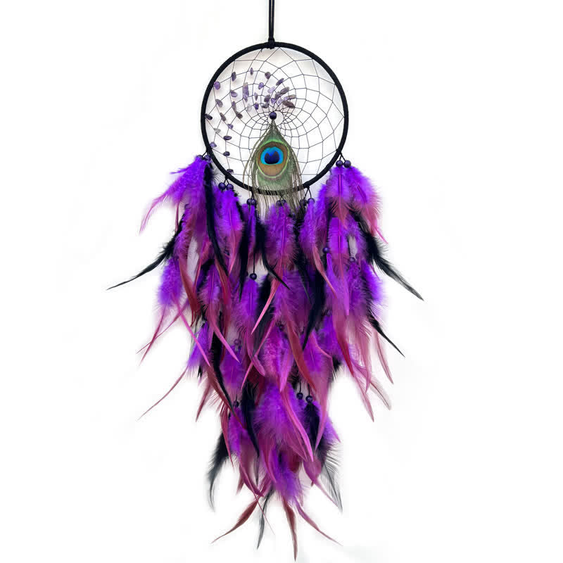 Olivenorma Natural Stone Beaded Braided Peacock Feather Dream Catcher