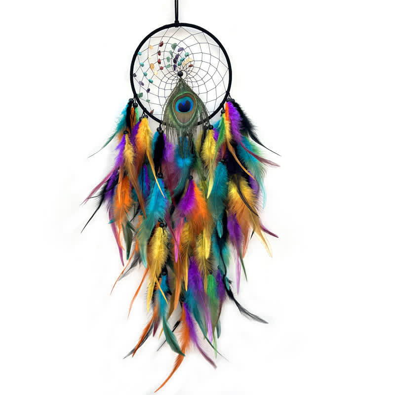 Olivenorma Natural Stone Beaded Braided Peacock Feather Dream Catcher