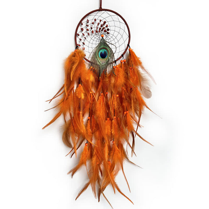 Olivenorma Natural Stone Beaded Braided Peacock Feather Dream Catcher