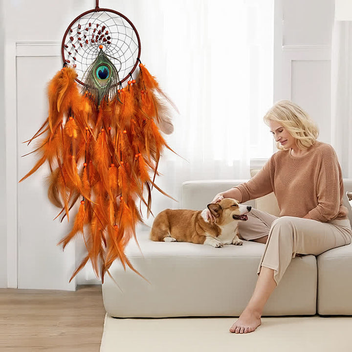 Olivenorma Natural Stone Beaded Braided Peacock Feather Dream Catcher