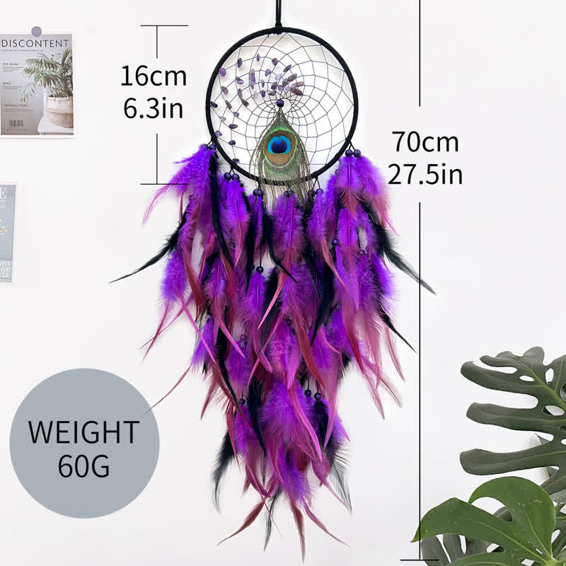 Olivenorma Natural Stone Beaded Braided Peacock Feather Dream Catcher