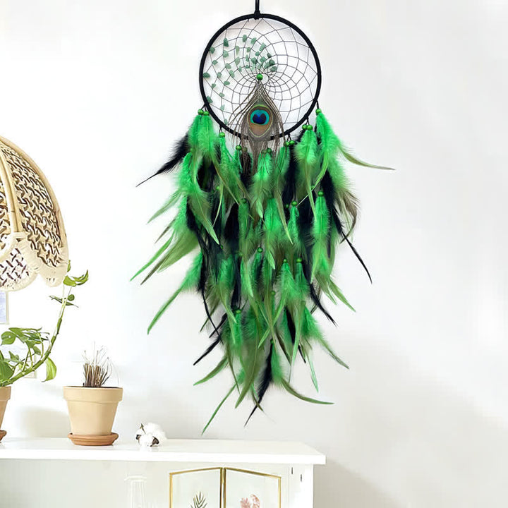 Olivenorma Natural Stone Beaded Braided Peacock Feather Dream Catcher