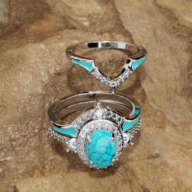 Olivenorma 3pcs Retro Blue Turquoise Engagement Ring Set