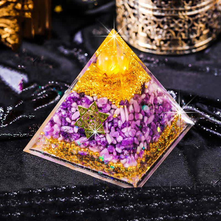 Olivenorma "Double Luck" Clear Crystal Lepidolite Orgone Pyramid